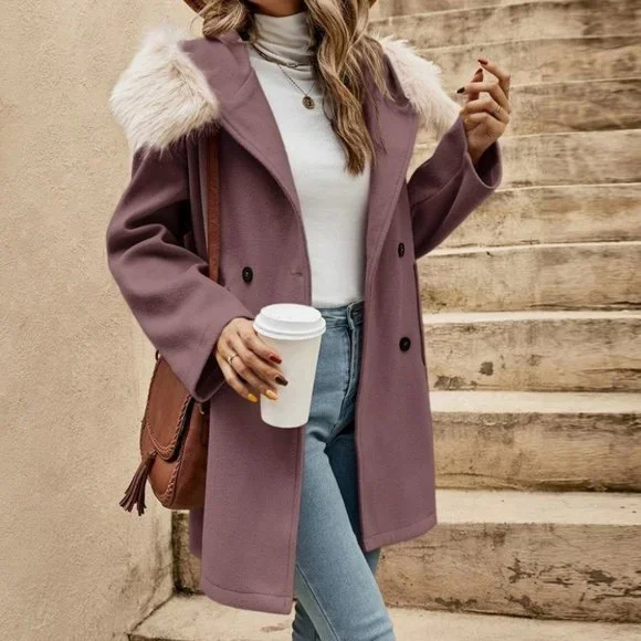 Mauve Purple Womens Hooded Overcoat - Picture 2 of 4